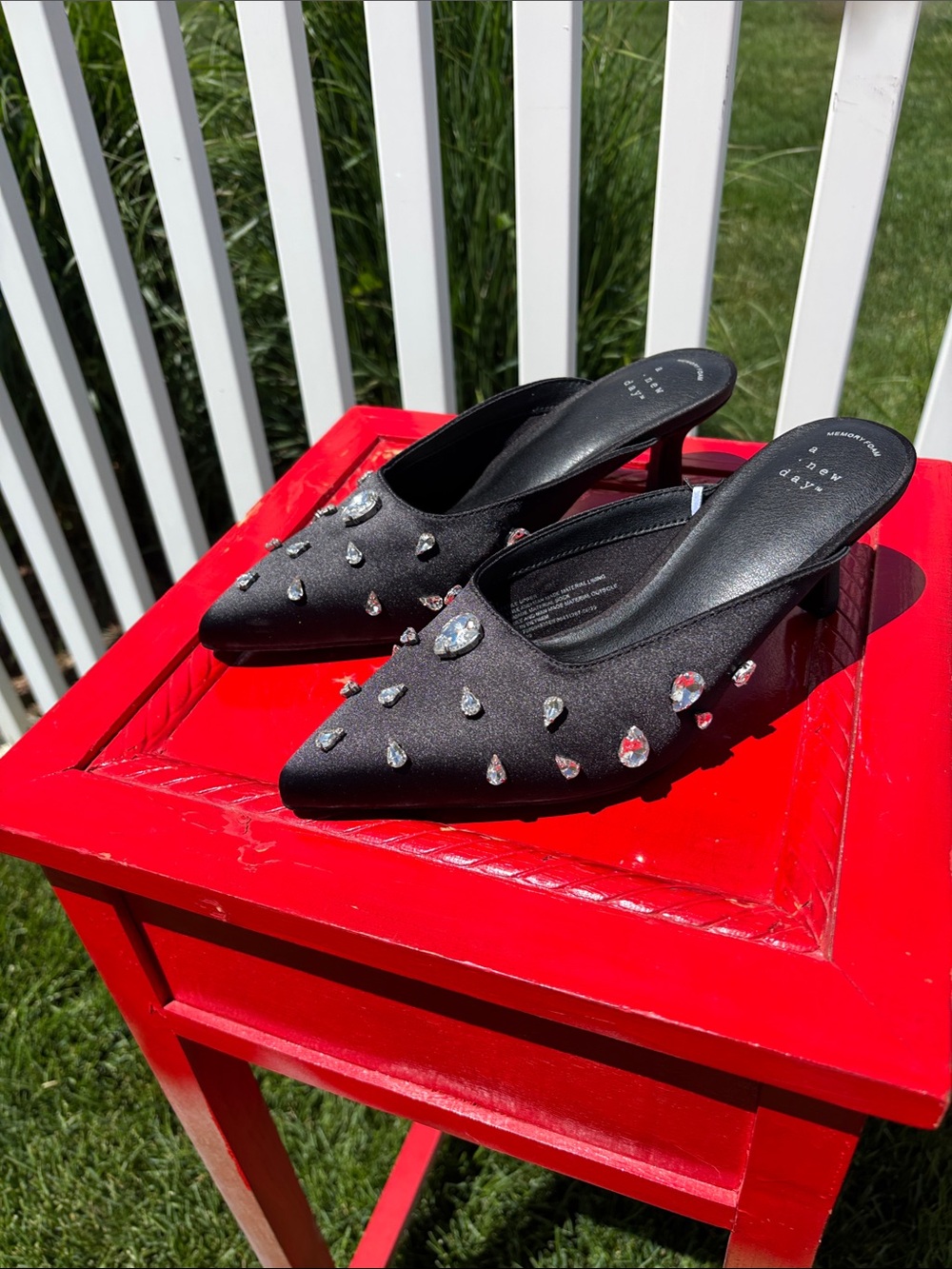 Black Bling Satin Slides, NWOT, Size 7, 3” Heels